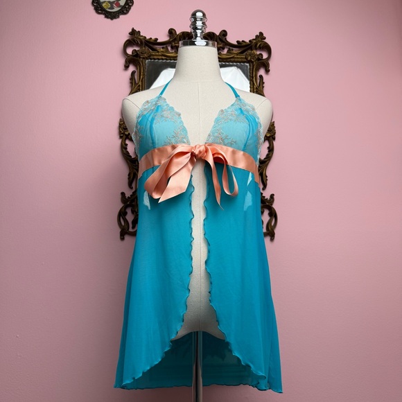 Victoria's Secret Other - Victoria’s Secret Mermaid Turquoise Embroidered Micro Mesh Halter Nightie Large